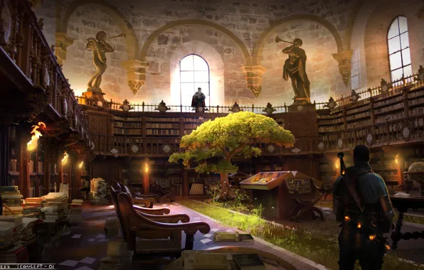 Картинка дерево, человек, книги, библиотека, статуи, Shackles Kings Quarters
