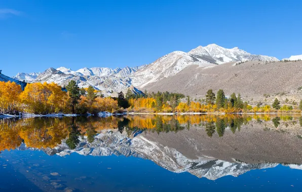 Картинка осень, небо, деревья, горы, озеро, отражение