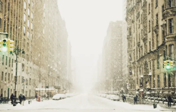 Картинка зима, снег, город, улица, светофор, мегаполис