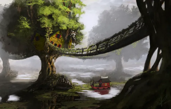 Картинка деревья, пейзаж, мост, река, корабль, дома, арт, хижины, кораблик