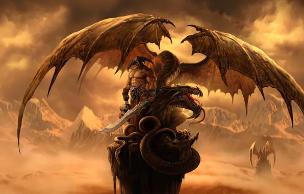 Картинка горы, скала, дракон, крылья, меч, воин, арт, черепа, шлем, Dragon Eternity, драконы вечности