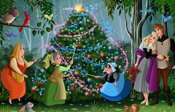 Картинка лес, птицы, мультфильм, сказка, Роза, Новый Год, Рождество, Аврора, принц, ёлка, forest, Christmas, друзья, принцесса, …