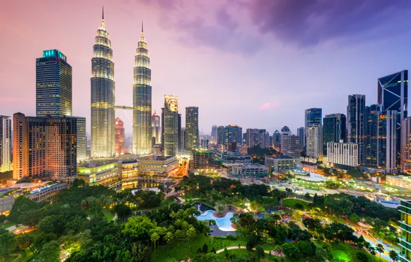 Картинка ночь, небоскрёбы, мегаполис, Малайзия, Куала-Лумпур