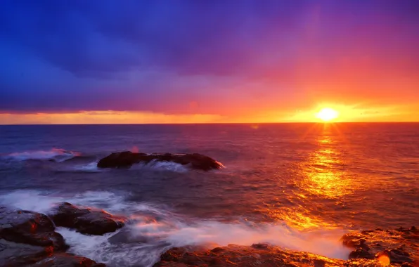 Картинка Japan, Sky, Beautiful, Landscape, Sun, Water, Sunset, Sea, Waves