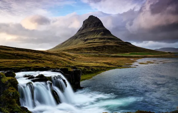 Картинка гора, водопад, поток, Исландия, Kirkjufell
