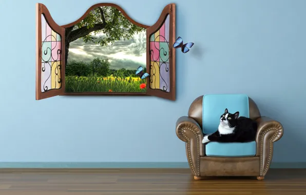 Картинка кошка, лето, бабочки, сказка, окно, наблюдать