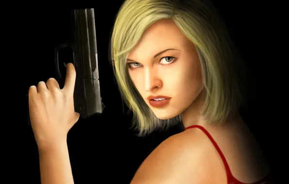 Картинка взгляд, девушка, пистолет, стрижка, черный фон, Resident Evil, Milla Jovovich, Alice