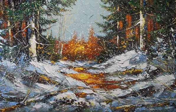 Картинка зима, лес, снег, деревья, пейзаж, снежинки, природа, картина, вьюга, живопись, снегопад, Ходюков, мастихин