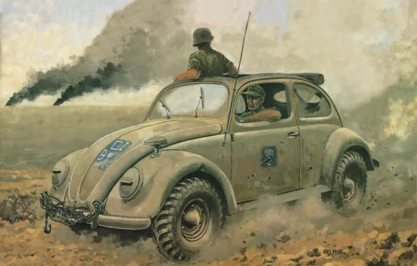 Картинка дорога, машины, пыль, Volkswagen, арт, автомобиль, немецкий, периода, штабной, Второй мировой войны, полноприводный, амфибии, армейской, …
