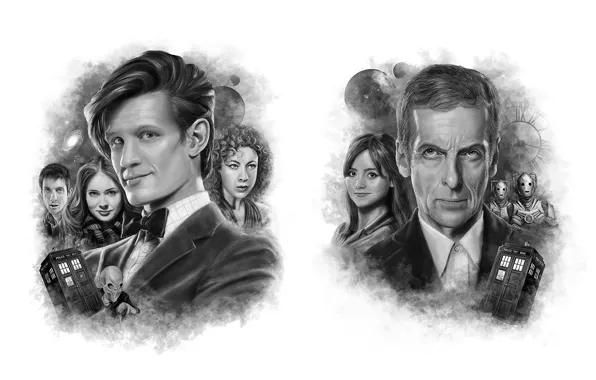 Картинка арт, черно-белое, актеры, Doctor Who, мужчины, Доктор Кто, Мэтт Смит, Matt Smith, Одиннадцатый Доктор, Peter …