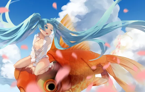 Картинка девушка, облака, рыба, арт, vocaloid, hatsune miku, верхом, sevennine