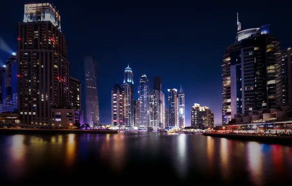 Картинка отражения, ночь, город, огни, Дубай, небоскрёбы, ОАЭ, UAE, Dubai Marina