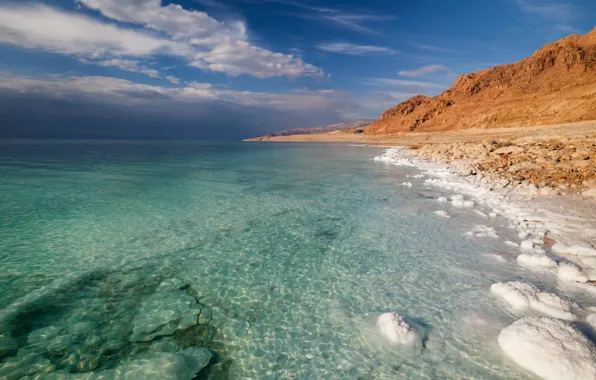 Картинка песок, море, небо, облака, природа, красота, соль, чистая вод, мертвое море