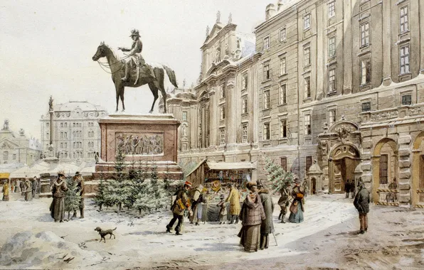 Картинка картина, живопись, painting, 1908, Karl Wenzel Zajicek, A Christmas market in Am Hof Vienna
