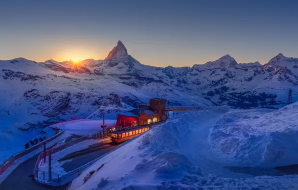 Картинка зима, небо, солнце, закат, горы, Швейцария, Альпы, курорт, Февраль