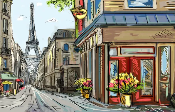 Картинка цветы, велосипед, улица, Париж, Эйфелева башня, живопись