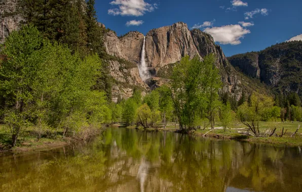 Картинка деревья, горы, река, водопад, Калифорния, Йосемити, California, Yosemite National Park, Сьерра-Невада, река Мерсед, Sierra Nevada, …