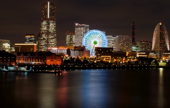 Картинка ночь, огни, отражение, Япония, подсветка, порт, залив, колесо обозрения, Japan, мегаполис, Йокогама, Yokohama