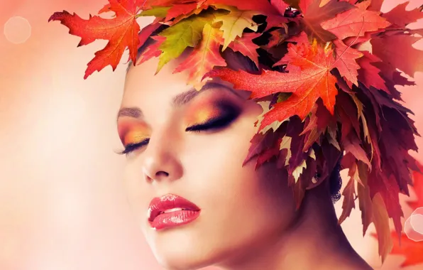 Картинка осень, листья, девушка, лицо, макияж, венок