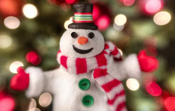 Картинка радость, огни, улыбка, праздник, шапка, игрушка, новый год, шарф, ткань, пуговицы, снеговик, new year