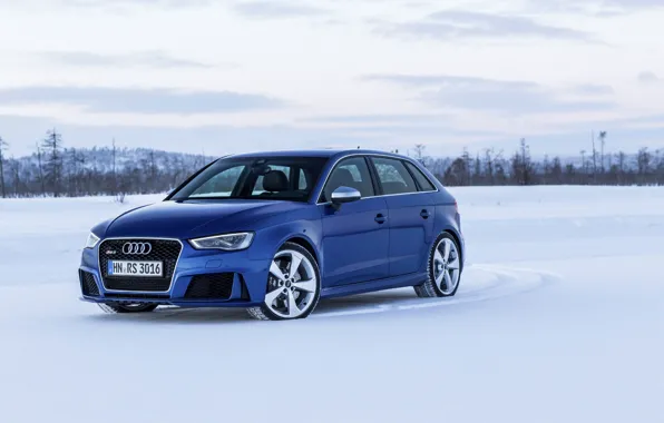 Картинка фото, Audi, Синий, Снег, Автомобиль, Sportback, RS3, 2015, Металлик