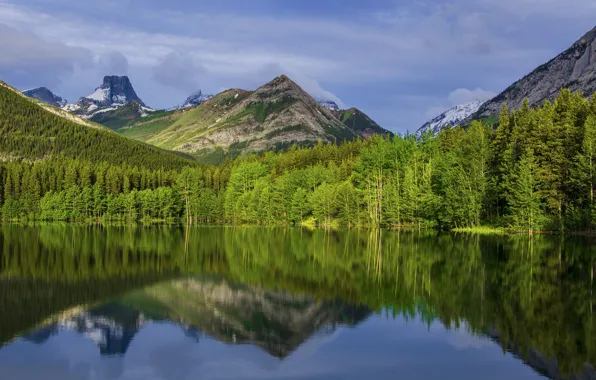 Картинка небо, облака, деревья, горы, озеро, отражение, Канада, Альберта, Калгари, Национальный Парк