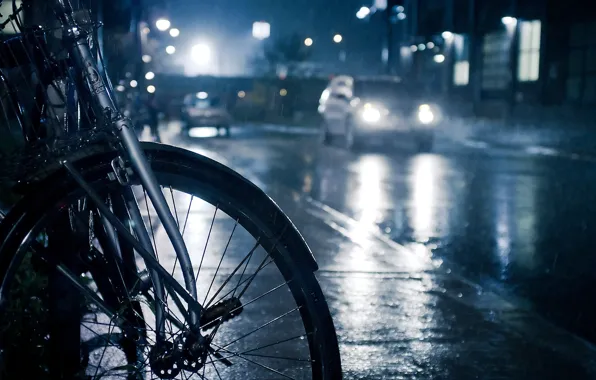 Картинка дорога, капли, машины, ночь, велосипед, огни, фото, дождь, обои, лужи, тротуар, ливень, разное