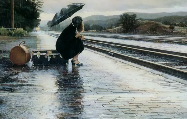 Картинка грусть, девушка, дождь, перрон, чемодан, расставание