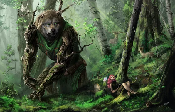 Картинка лес, девушка, деревья, звери, волк, арт