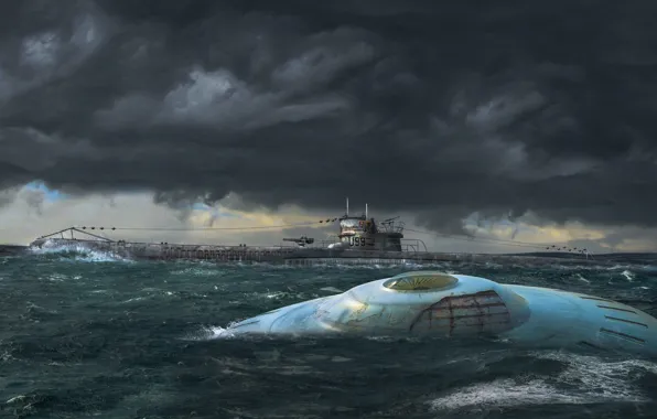 Картинка волны, небо, тучи, океан, НЛО, U-99, немецкая подводная лодка, &quot;Летающая тарелка&quot; третьего рейха