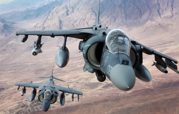 Картинка полет, горы, истребители, пара, штурмовики, AV-8B, Harriers