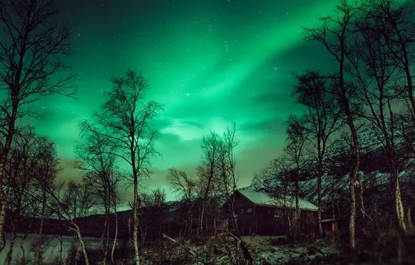 Картинка northern lights, cabin, hut, aurora borealis