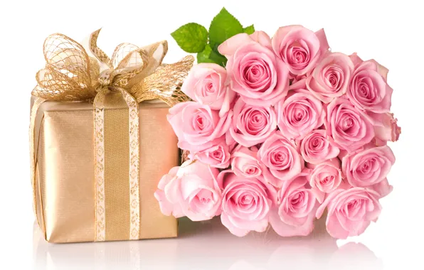 Картинка цветы, коробка, подарок, букет, бант, розы. розовые