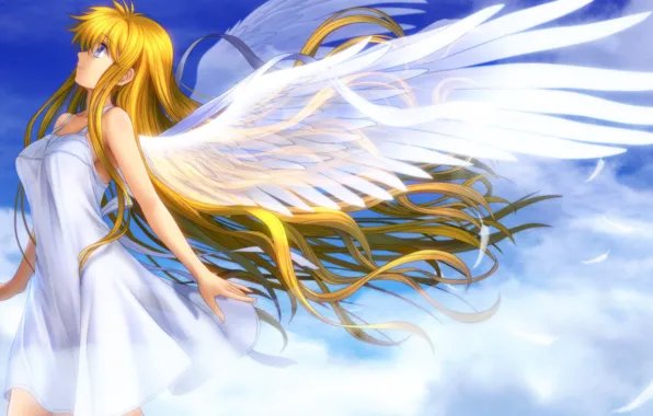 Картинка девушка, крылья, ангел, перья, арт, профиль, air, mutsuki, kamio misuzu