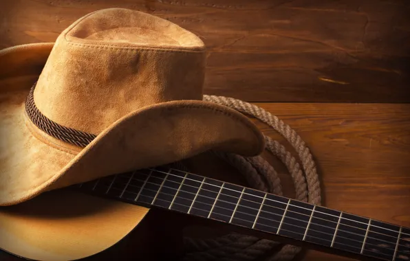 Картинка guitar, hat, wood, cowboy, rope