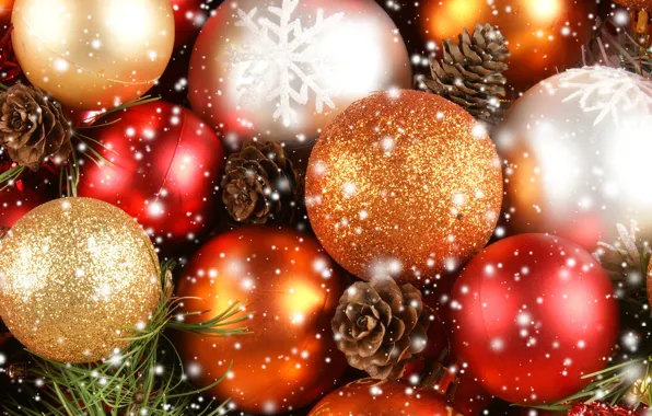 Картинка снежинки, шары, игрушки, Новый Год, Рождество, красные, белые, Christmas, шишки, золотые, New Year, елочные