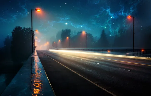 Картинка дорога, космос, свет, пейзаж, lights, дождь, вечер, space, rain, roads, evening, туманности, nebulae, lighter