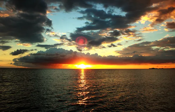 Картинка море, небо, вода, солнце, облака, закат, вечер, горизонт