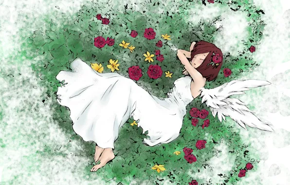 Картинка трава, сон, крылья, девочка, цветочки, белое платье, art, босая, Souta Kuwahara, Kurenai Ouji, Hana Koumeda