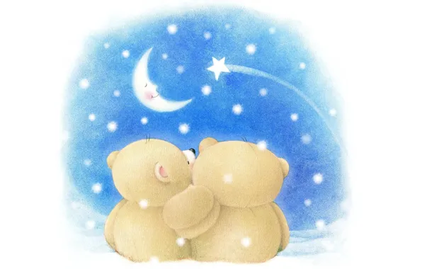 Картинка зима, ночь, настроение, луна, романтика, арт, мишка, пара, детская, Forever Friends Deckchair bear
