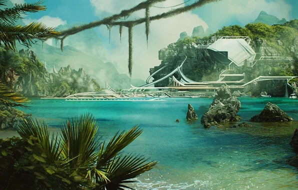 Картинка mountains, rocks, waterfall, palms. water, sci fi jungle