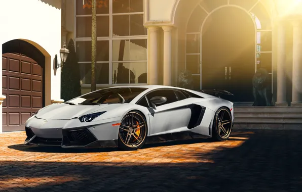 Картинка Lamborghini, Front, Sun, White, Matte, Tuning, LP700-4, Aventador, Supercar, Wheels, Spoiler, ADV.1