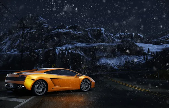 Картинка горы, ночь, Lamborghini, Gallardo, NFS, снегопад, snow, NeedForSpeed