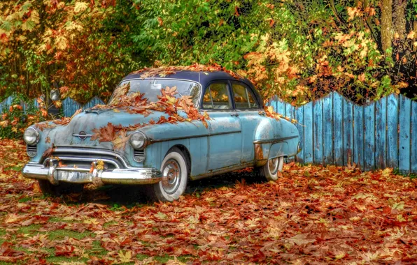 Картинка осень, деревья, ретро, листва, забор, HDR, автомобиль, «Oldsmobile»