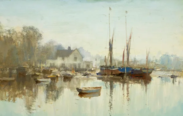 Картинка пейзаж, дом, картина, лодки, Эдуард Сиго, Утро в Ноябре. Пин Милл
