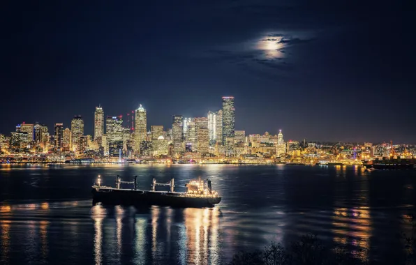 Картинка корабль, здания, залив, Сиэтл, ночной город, небоскрёбы, Washington, Seattle, штат Вашингтон, Elliott Bay, Залив Эллиотт