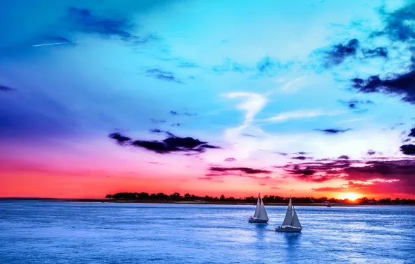 Картинка море, небо, закат, лодки, Sky, sea, Boats, Sunrises