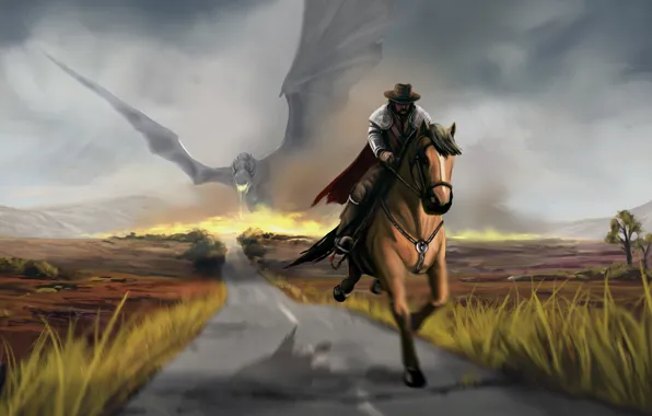 Картинка дорога, лошадь, фантастика. арт, дракон. крылья, скачет. ковбой. всадник