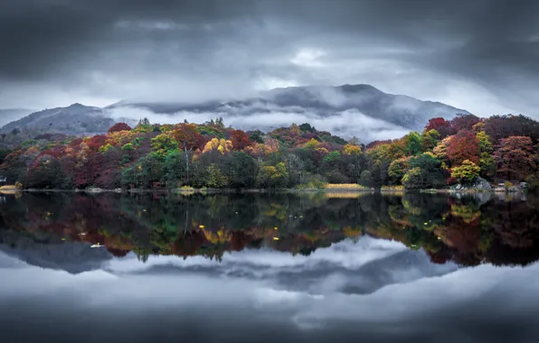 Картинка autumn, clouds, lake, hill