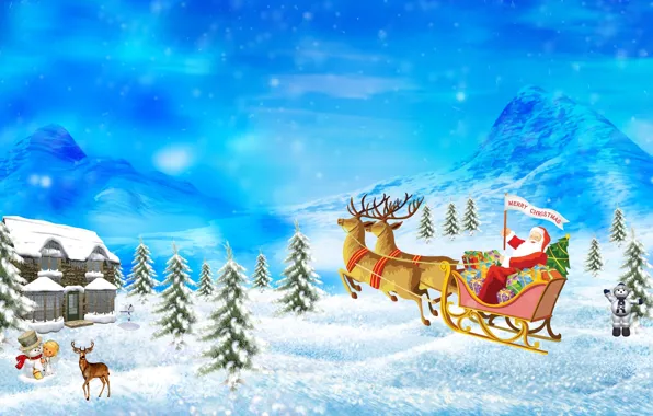 Картинка снег, горы, дом, рисунок, олень, сугробы, подарки, снеговик, упряжка, ящик, ёлки, Merry Christmas, snowman, Picture, …